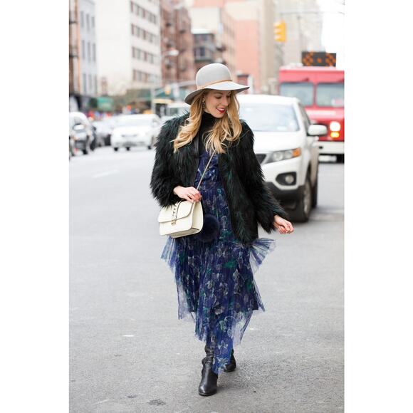 Marchesa Voyage Iris Blue Sheer Pleated Floral Print V-Neck Midi Dress 2 - Picture 4 of 16